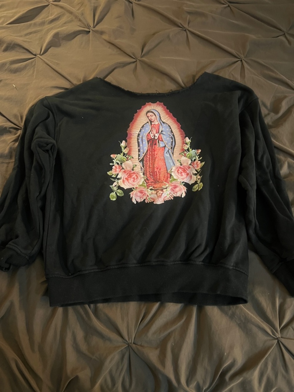 Black Crewneck Sweater with Floral Virgin Mary Graphic
